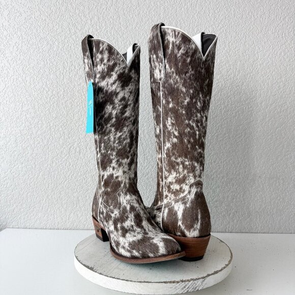 Lane Plain Jane Cowhide Cowboy Boots Tall Brown Western Hair on Hide Womens 9.5